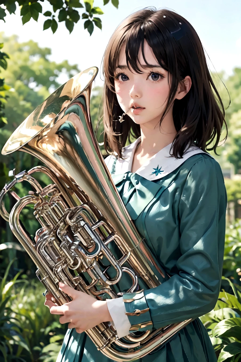 (masterpiece, Highest quality:1.2), (One Girl), play the euphonium, alone, (Draw the Euphonium Shape Accurately:1.4)、Standing、(From before)、In the uniform of Kitauji High School、Blur the background、Anime Art、4K、8k、wallpaper、