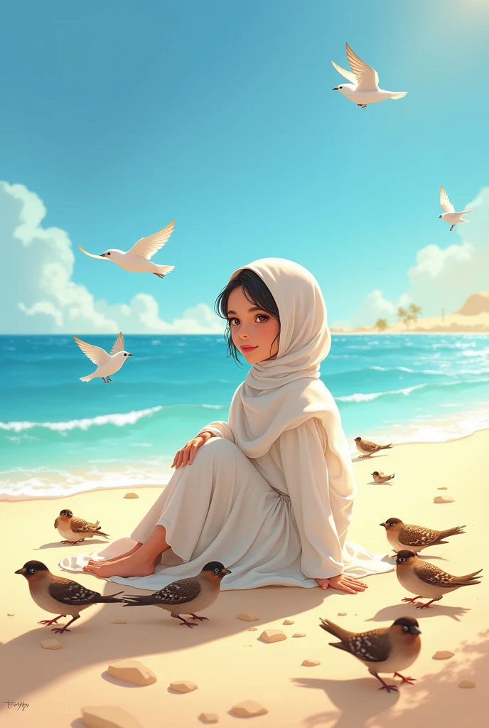 A girl sitting in the beach and little sparrows around her with name of shumaila 