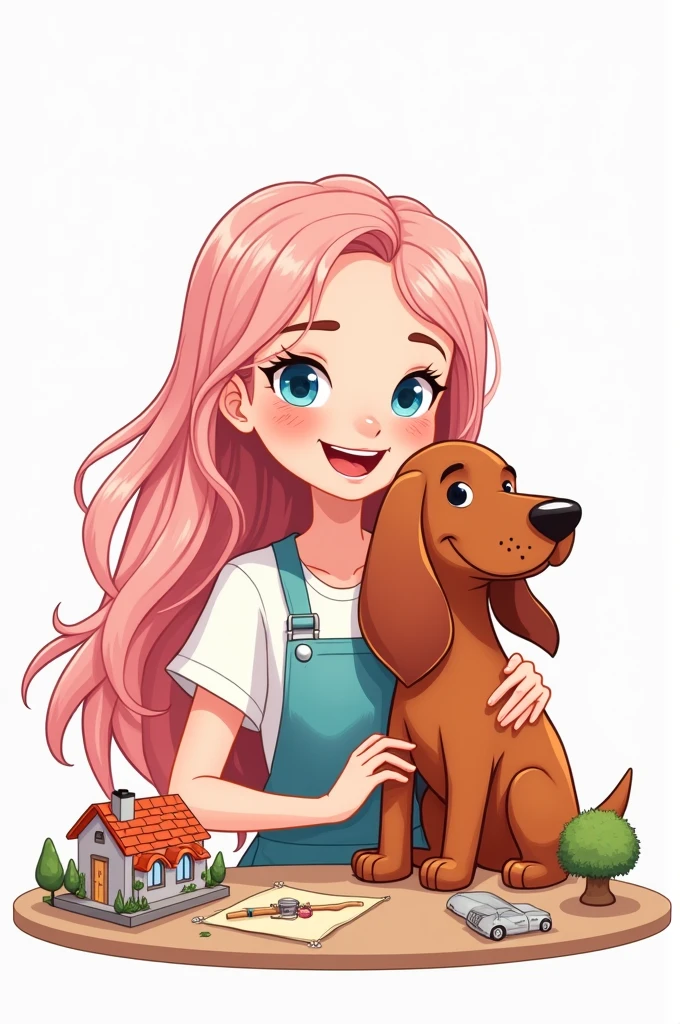 draw basic style,  vector line art. Create avatar of craftswoman girl, very beautiful upper body. Long light pink hair, blue eyes, wide smile, white t-shirt with apron. She ishugged with a charming red irish setter dog. in the table, working with mini houses dioramas. Specific art, fanart, candy color, white background, clipart illustration, simple art, cartoon 2D, no shading
