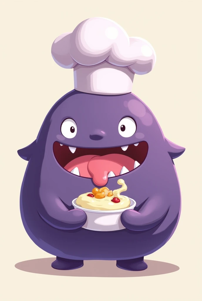 Super cute animated gengar character with chef hat and cute eyes with tongue out holding a delicious yogurt, bottomless