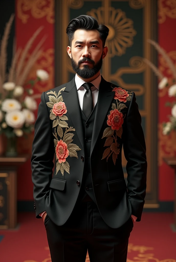 Generate image of black Thai Chinese wedding suit of small bearded man serious guy