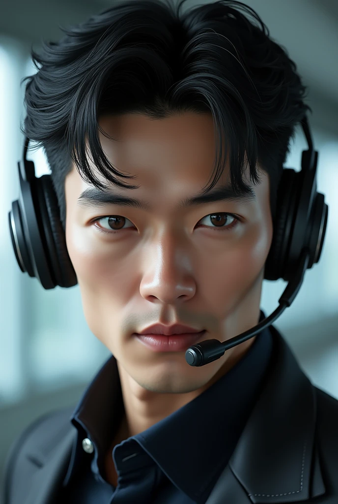 man, Handsome, face, wear headset, Asian, black hair, Upturned eyes