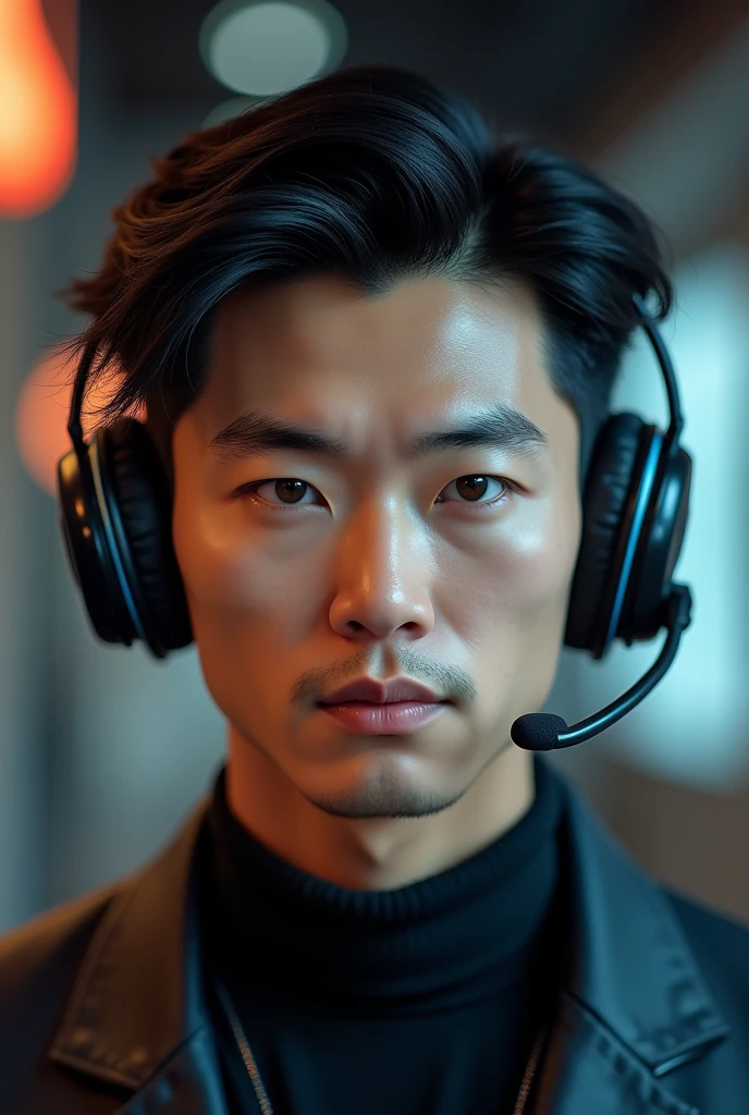 man, Handsome, face, wear headset, Asian, black hair, Upturned eyes