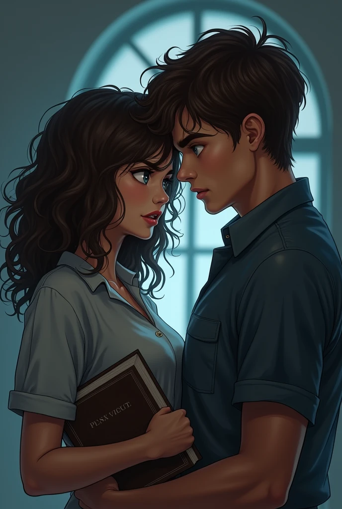 couple. Woman of , brown curly hair type 4c medium, Round face, full cheeks, eyes browns, in American college clothes, dainty, with an angry look, fearful, with books in their hands and a tall man, stark, with a mischievous look, blue colored eyes, Medium Brown Hair, expert, 2, dark romance