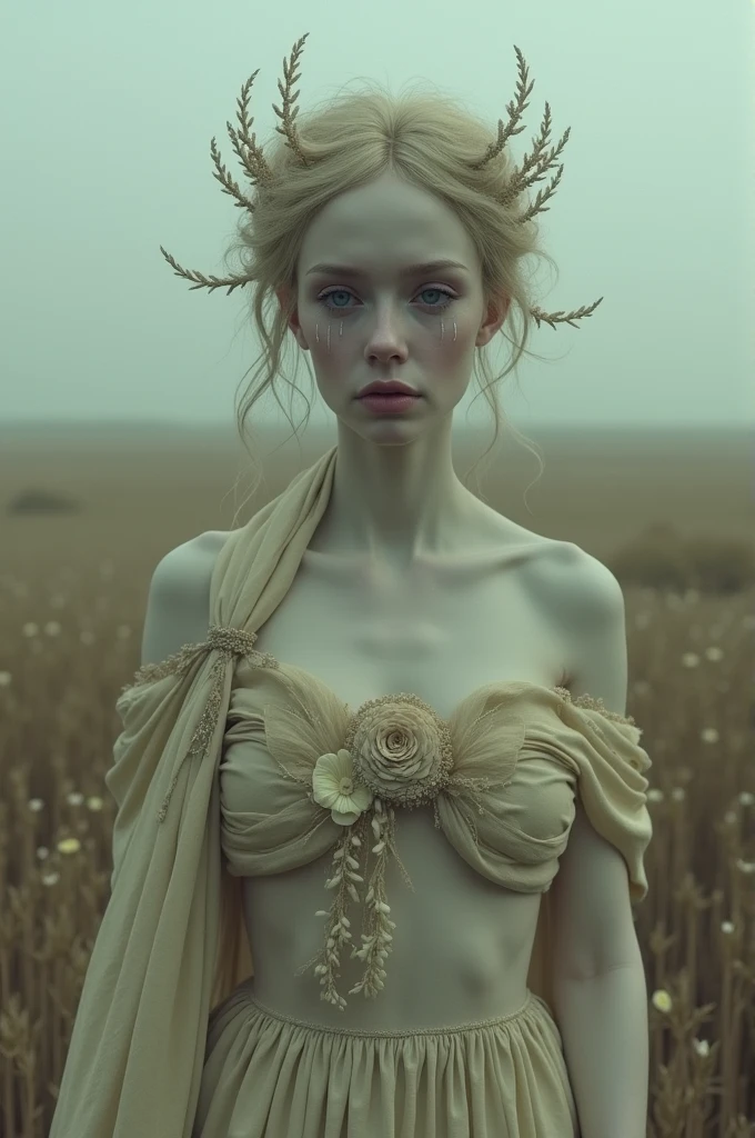 A goddess in a desolate field, with tears in his eyes, a serene expression. It gives peace but at the same time it generates sadness to see it..