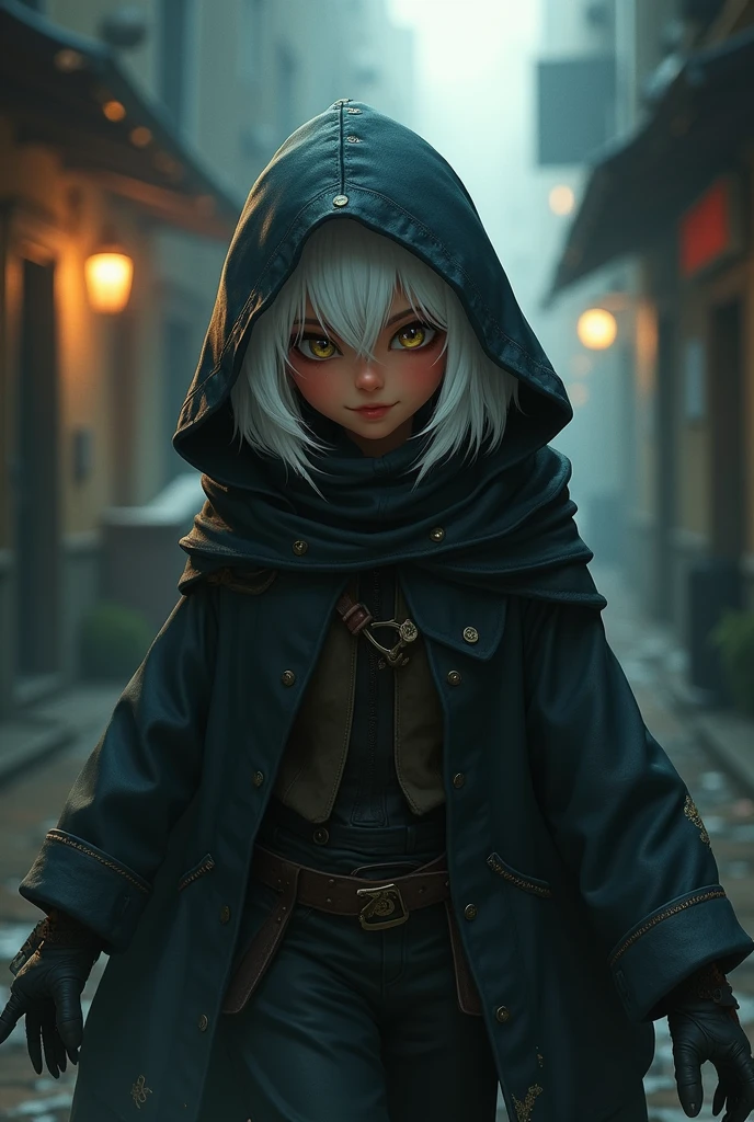 A thief girl in a hooded cloak. She has white fluffy hair and rust colored skin.