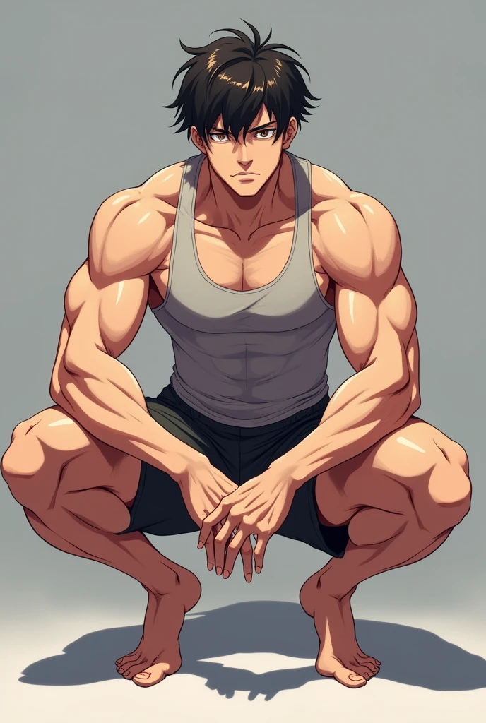 Anime handsome guy with tight sleeved undershirt and tight patterned shorts with muscles squatting with his hot thighs facing forward seductively