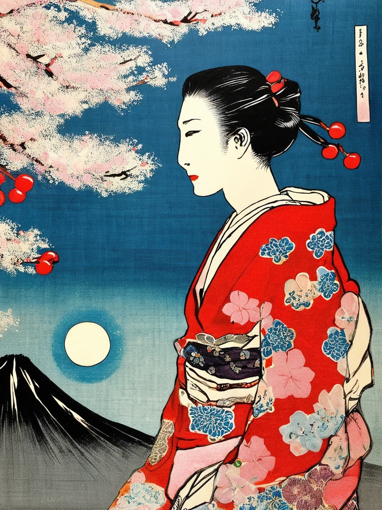 One person, Mt. Fuji and Cherry Blossoms, kimono, Leaves surrounded by flowers, Moonlight, masterpiece, Ukiyo-e, antiquity, From the side