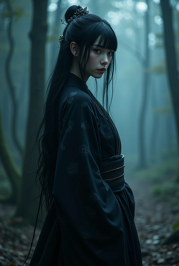 dark techno, cyberpunk,「Realistic image of a Japanese goddess, 不気味な美しさとworry存在感を醸し出す. She is elegant, pale, Perfect and long skin, Flowing black hair that blends with the surrounding shadows. Her kimono is exquisite and meticulous down to the last detail.., dark, Relaxing dark blue and black tones, Exquisitely decorated, Negative patterns that indicate a connection to the supernatural. Her eyes are so fascinating., With coolness, A distant gaze that speaks of antiquity, Mystical powers. The scene was filled with fog., Ancient forest or shrine, A place with an oppressive atmosphere and a sense of unknown... soft, 薄dark光が木々Plug in between, It casts an eerie shadow around her., As if she was still alive.. The overall scene is impressive and beautiful.., Capture the essence of the fascinating and terrifying goddess., Rooted in Japanese tradition、worry, Aura from another world.&refer;To be visible throughout the body, more realistic, With three eyes