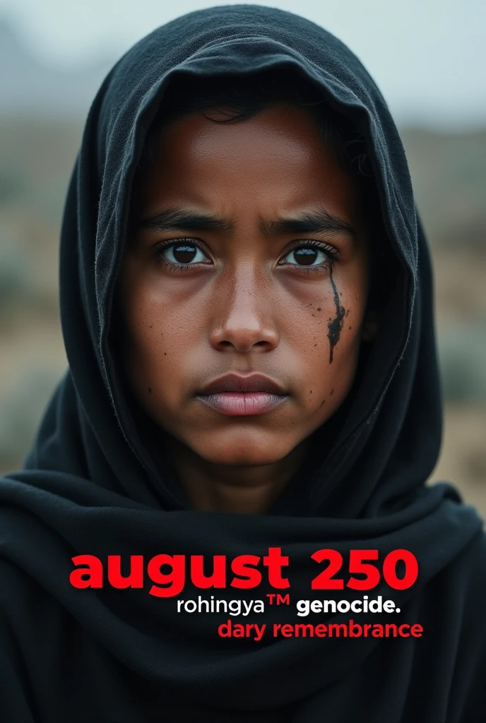 Make exactly this type of photo with sad Rohingya pic with block and red text and these text will be “ AUGUST
250
ROHINGYA™ GENOCIDE.
DArY
REMEMBRANCE”