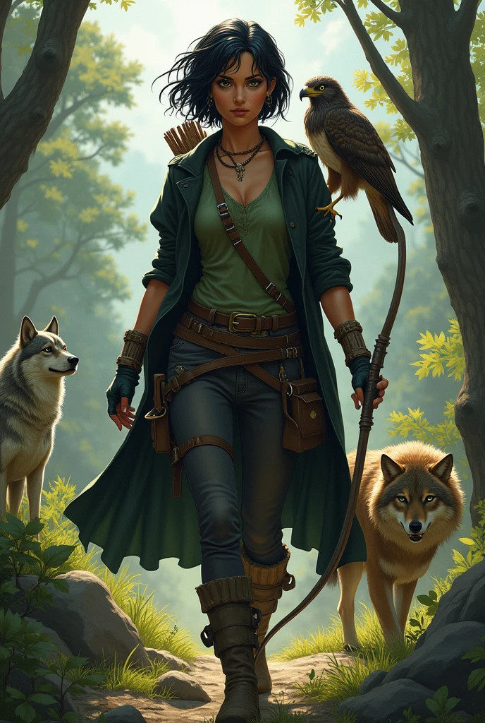 A tanned woman a black hair thatfeatures short layers at the top that add volume and texture, gradually transitioning into longer, wispy ends around the neck and shoulders. The hair often frames the face with curtain bangs or soft, choppy fringe, giving it a wild, untamed appearance. and striking green eyes. She wears a hunter outfit consisting of a green tunic, a black coat on the chest dark pants, and boots. A necklace hangs around her neck, and she has an archer's glove on her right hand, holding a bow. She is surrounded by animals, with a wolf on her left and a hawk perched on her shoulder. The setting is a forest, and her stance is confident and ready for action.I would like it to be in a mature style, with the art in a fantasy and RPG style set in the Old West.