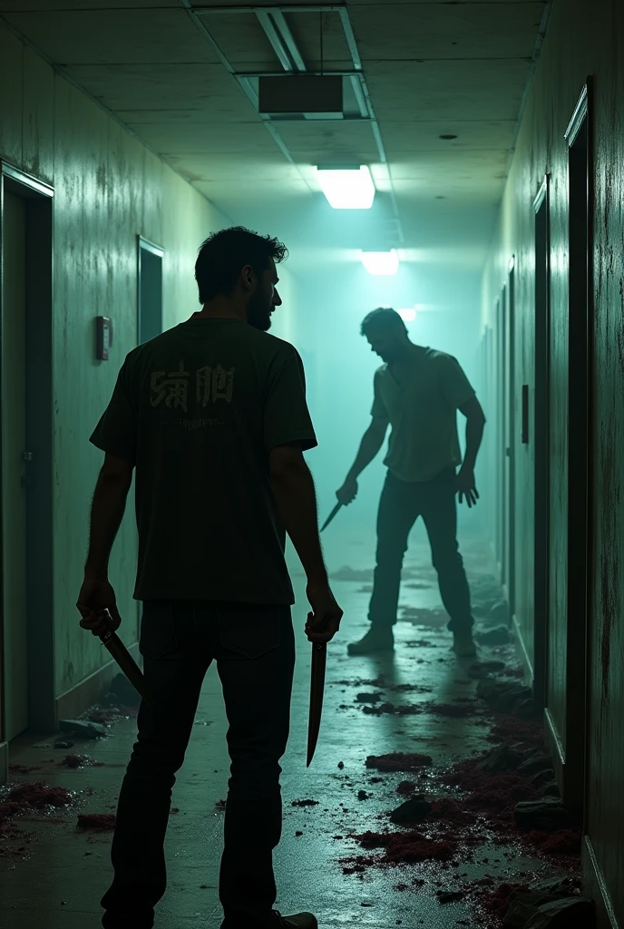 Abandoned hospital, man kills zombie with knives, when leaving the supply room