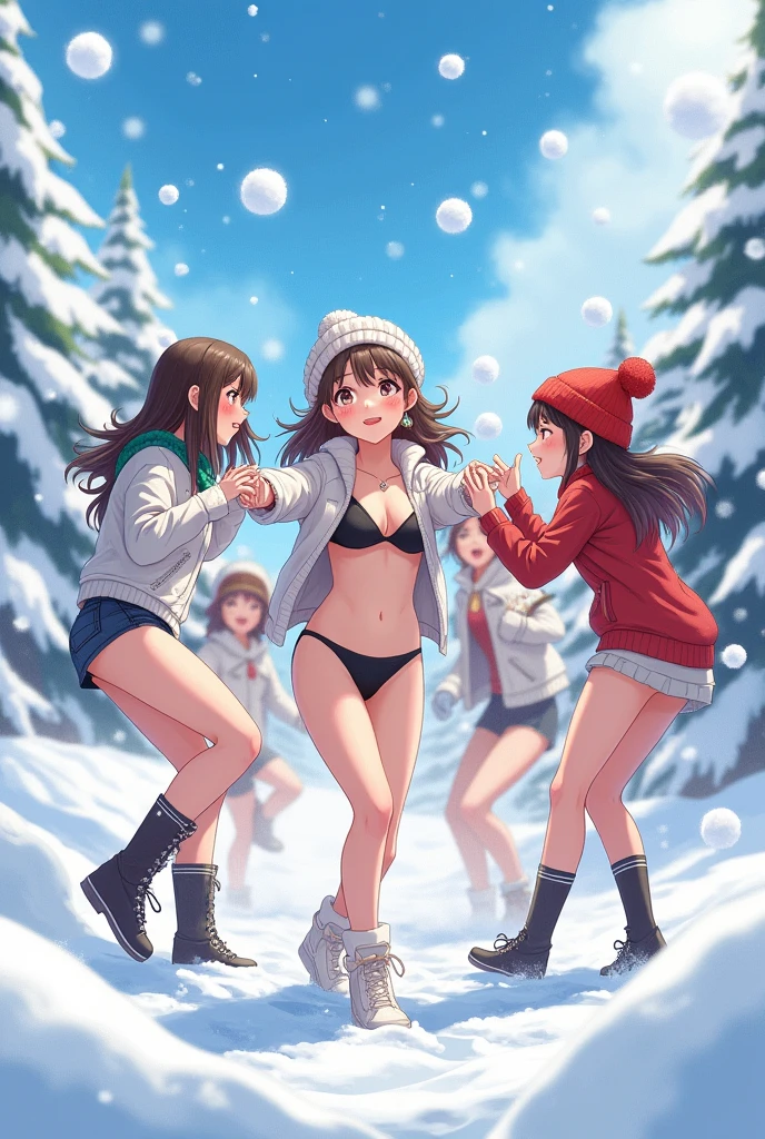 Snow Scene、snowball fight、Beautiful and adorable girls、Baby Face、Black Bikini、Ski caps、Scarf、Playing happily