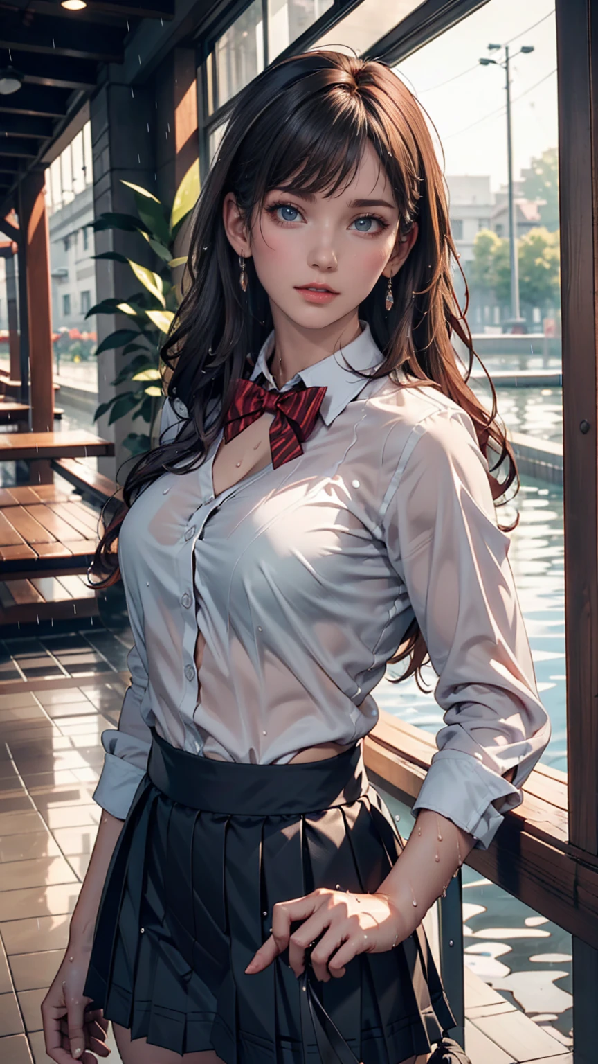 Highest quality, High resolution, Absurd, Very detailed, Suzuya_(Kantai Collection), One person, length_hair, skirt, alone, shirt, rain, Wet_Clothes, hair_ornament, Wet, chest, underwear, Pleats_skirt, See through, bowtie, red_bow