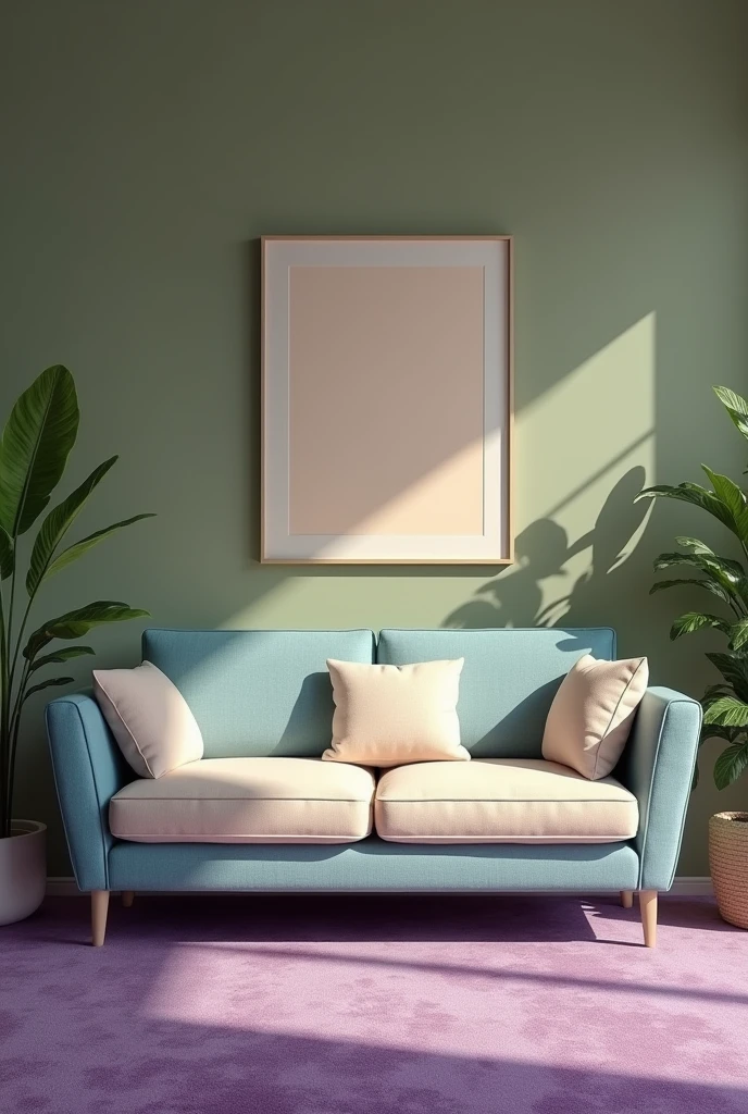 Create a drawing room of plain olive green colour wall.purple color carpet on the floor. Cream and sky blue color combination for safa.