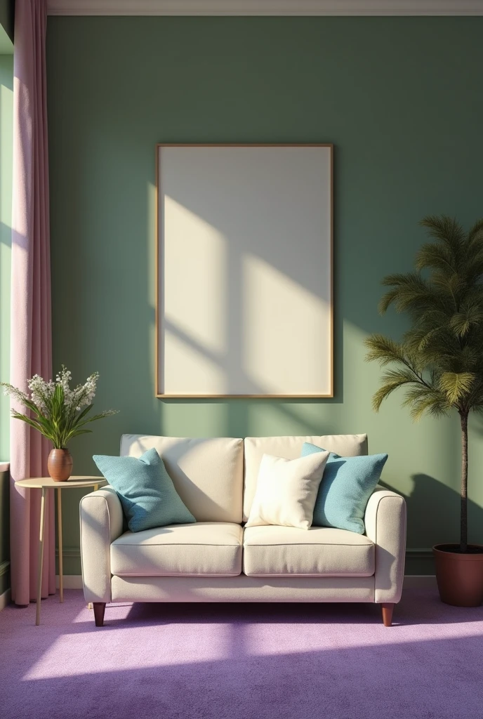 Create a drawing room of plain olive green colour wall.purple color carpet on the floor. Cream and sky blue color combination for safa.