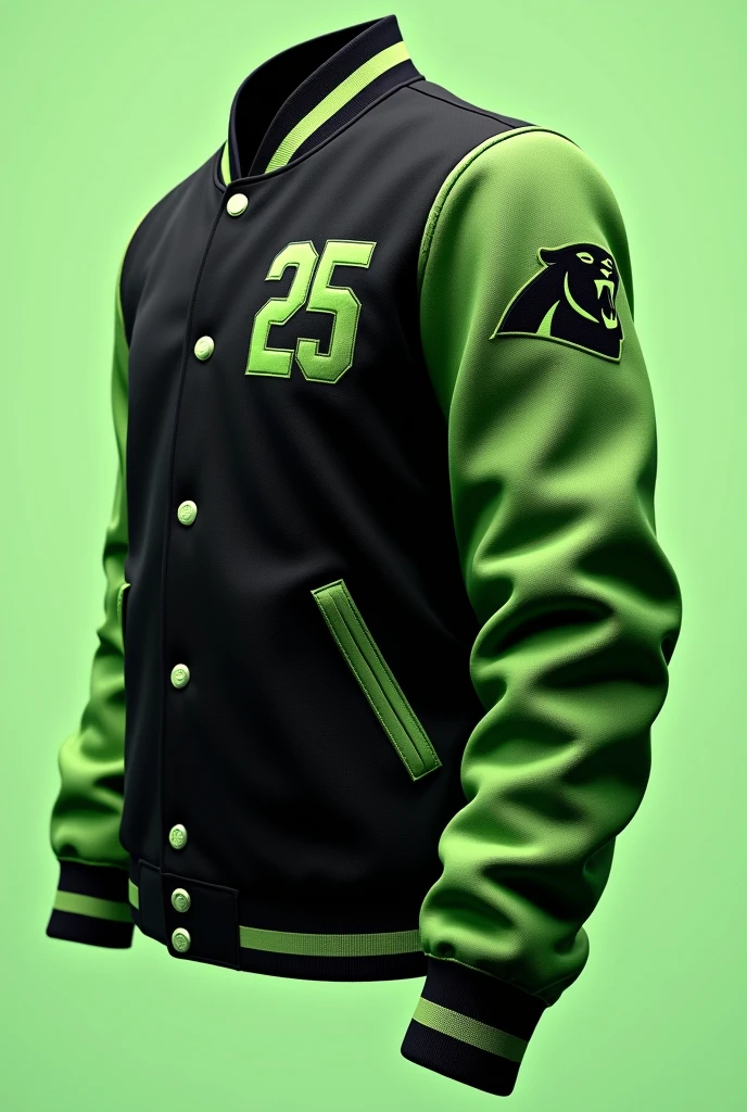 Varsity jacket with black colors and very small touches in pistachio green for a school with the number 25 on the left arm and with a small panther somewhere on the sleeve