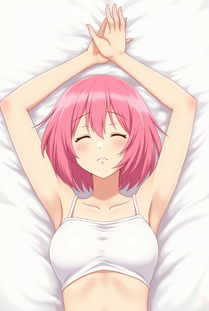 Alone female anime character, short bob hairstyle with wavy texture layered style and bright pink color, Wearing a white bra, pose of raising both hands up while lying on your back 