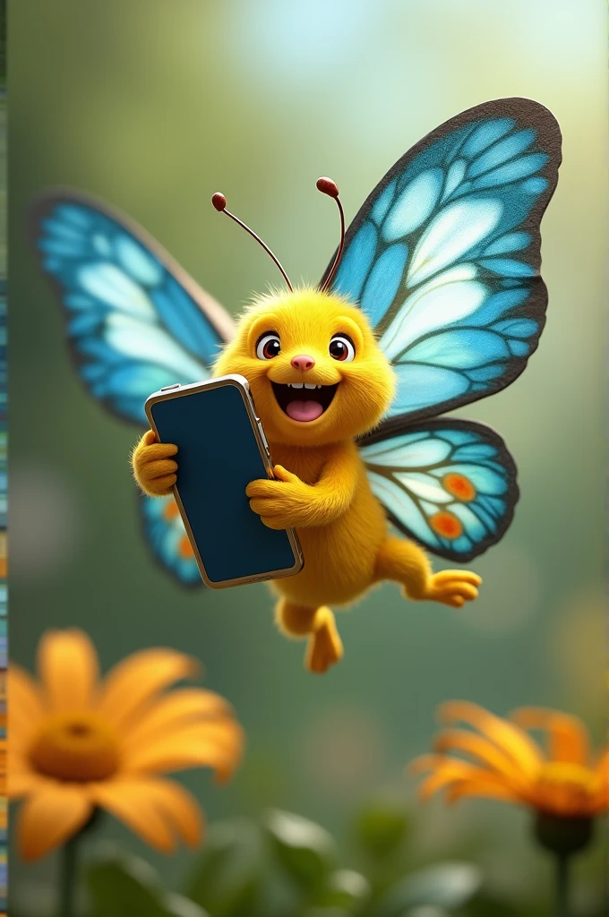 Show me a picture of a butterfly flying, its body is yellow, its sweets are blue and white, it is happy and is holding a cell phone