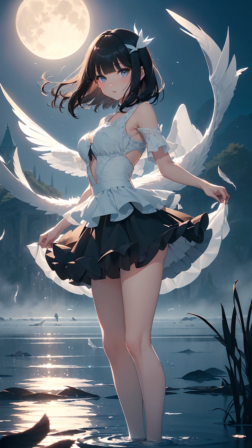 Highest quality, flying debris、Beautiful woman、Black Hair、(Dark blue eyes、Blunt bangs、Blunt bangs)、short hair,Full Body Shot、((Black and blue theme))、Big Breasts 、(Ballet Dancer、Tutu skirt:1.2)、(Brown Hair、Brown eyes)、Long Hair、Magazine Style,Full Body Shot、The lake of swan、break(Gorgeous white and light blue ballet dress:1.2)、break((The lake of swan:1.2))、((night、full moon、The fog is thick.:1.2)),((Standing on the surface of the water,Dancing in the middle of the lake:1.2))、BREAK((feathers scatter:1.2))BREAK((Screen is dark:1.2))、((Dark theme、Darkness Aura:1.3))、Big Breasts