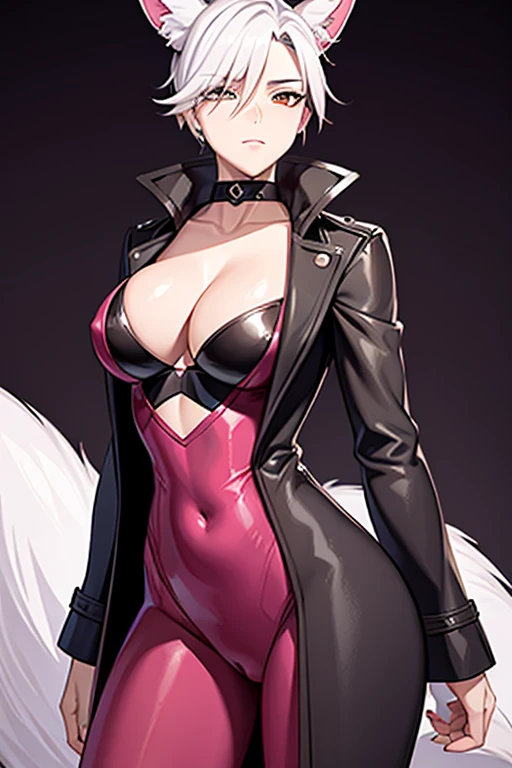 Fox-tailed zorro waifu, milf, pirate trench coat , HD, white hair with pink, bust, (eechi)
