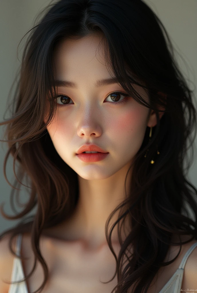 Make a young woman, brunette and black hair