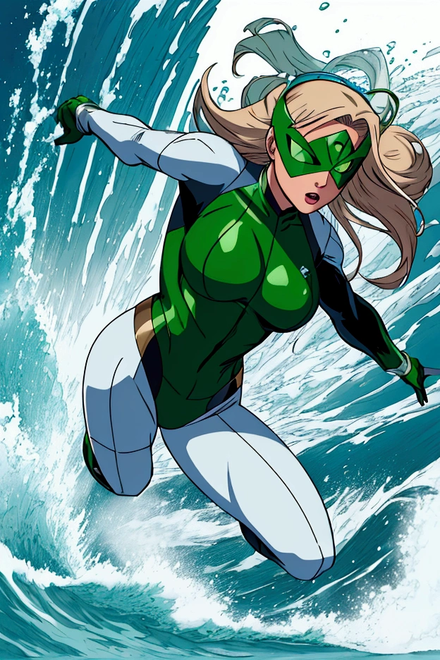 Tsunami – Create the image of a female hero. I want his entire body to be visible, from head to toe. The hero wears a white and green Aquagirl-style uniform, with a mask, boots and green gloves with fins. Miya Shimada can generate and control giant waves. She wears a superhero mask over her eyes and a tiara. I want his entire body to be visible. White background.