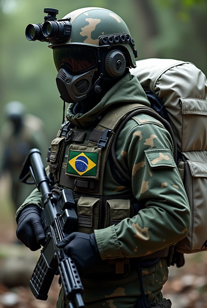 Create a soldier with a camouflage helmet with a thermal camera attached to the helmet, wearing a black and green camouflage vest with the Brazilian flag and a large white backpack on his back