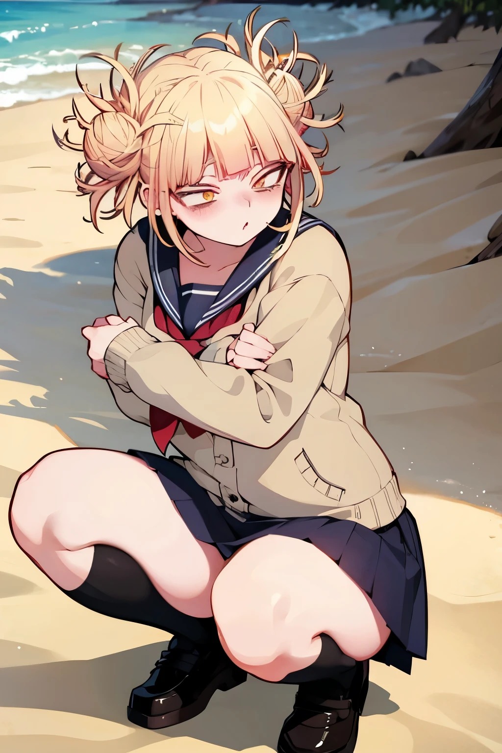 1girl, evil neuro-sama, (yuzu modoki), light brown hair, ahoge, two side up, hair ribbon, dark red ribbon, heart hair ornament, black cardigan, open cardigan, black sailor collar, long sleeves, black skirt, pleated skirt, asymmetrical legwear, black thighhighs, black kneehighs, grey footwear, loafers, (masterpiece, best quality), highly detailed, finely detailed, wet, dogeza, prostration, all fours,