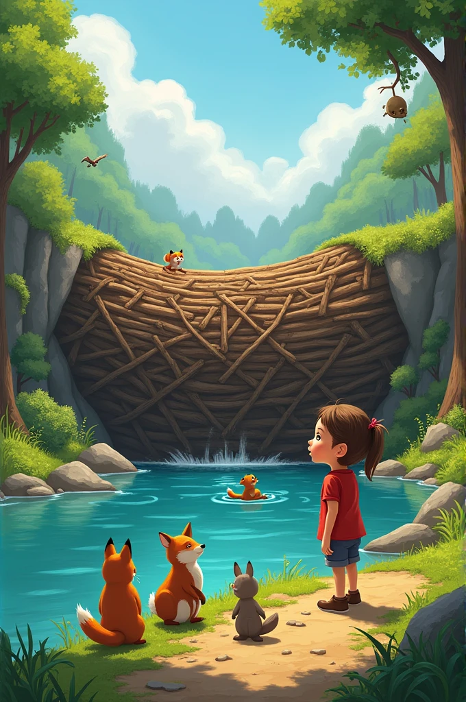 Lila and her animal friends discovering a large beaver dam blocking the river’s flow, with beavers working on their dam in the background