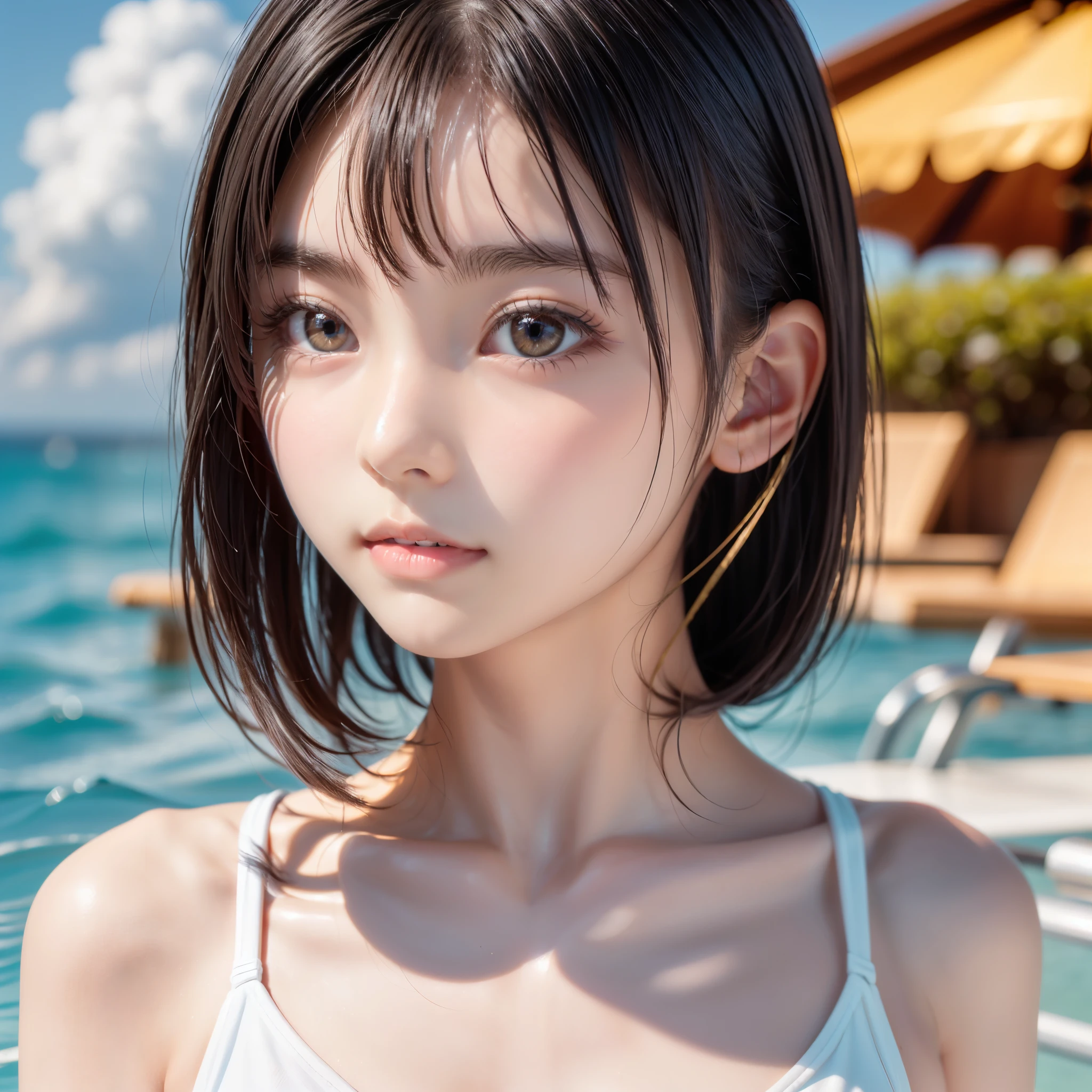 One Girl，(とてもcute少女:1.3)，masterpiece，Highest quality，High resolution，Photorealistic，RAW Photos，Ray Tracing，Physically Based Rendering，beautiful girl，(:1.3)，cute，Big eyes，(detailed pupils:1.2)，(The face is facing sideways:1.3)，Body facing sideways，Beautiful nose，High nose，Upturned nose，Fuller lips，Short black hair，ponytail，short hair，Detailed eyelashes，Thin eyebrows，Very fine grain definition，(Golden Ratio:1.3)，(Face close-up，Face Focus:1.0)，Small breasts，Slim figure，Short neck，White swimsuit，White Bikini，Ocean，Southern Island，Blue sky，White cloud，Portrait，View Viewer，Upper Body，Cinema Lighting，High resolution，Very detailed