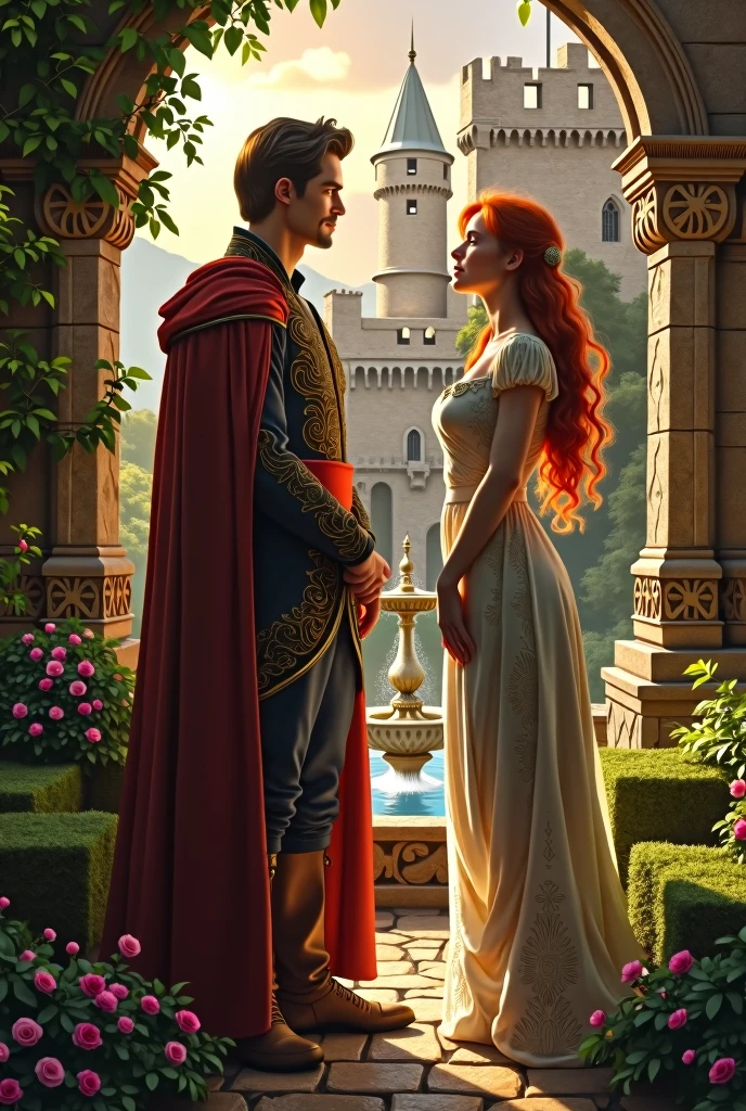 a medieval castle, a redhead and a handsome prince in the garden