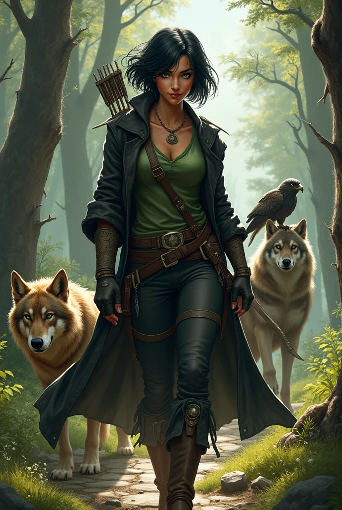 A tanned woman a black hair thatfeatures short layers at the top that add volume and texture, gradually transitioning into longer, wispy ends around the neck and shoulders. The hair often frames the face with curtain bangs or soft, choppy fringe, giving it a wild, untamed appearance. and striking green eyes. She wears a hunter outfit consisting of a green tunic, a black coat on the chest dark pants, and boots. A necklace hangs around her neck, and she has an archer's glove on her right hand, holding a bow. She is surrounded by animals, with a wolf on her left and a hawk perched on her shoulder. The setting is a forest, and her stance is confident and ready for action.I would like it to be in a mature style, with the art in a fantasy and RPG style set in the Old West.