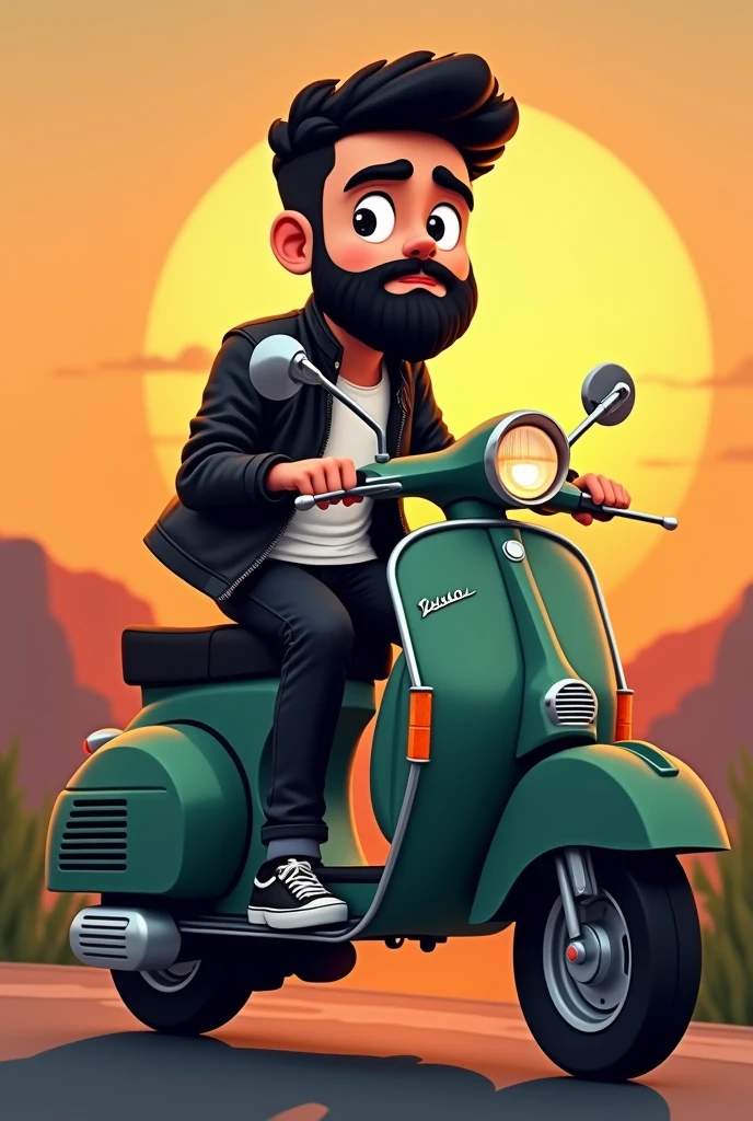 I want a picture of a cartoon-type boy on a classic dark green matte Vespa motorbike, the boy has a short full black beard , Black and defined eyebrows, not too thick, black eyes, short black hair, square face, the photo in a background landscape with a sunset, Biker photo type the guy with a leather jacket and a white t-shirt inside, The black leather jacket half open revealing the t-shirt, black jeans and vans style shoes.