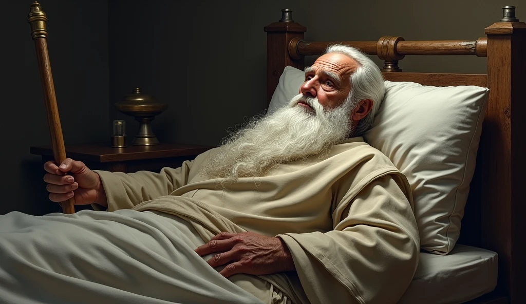 prophet man with a very big beard, and with a staff in his hand sick in a bed lying