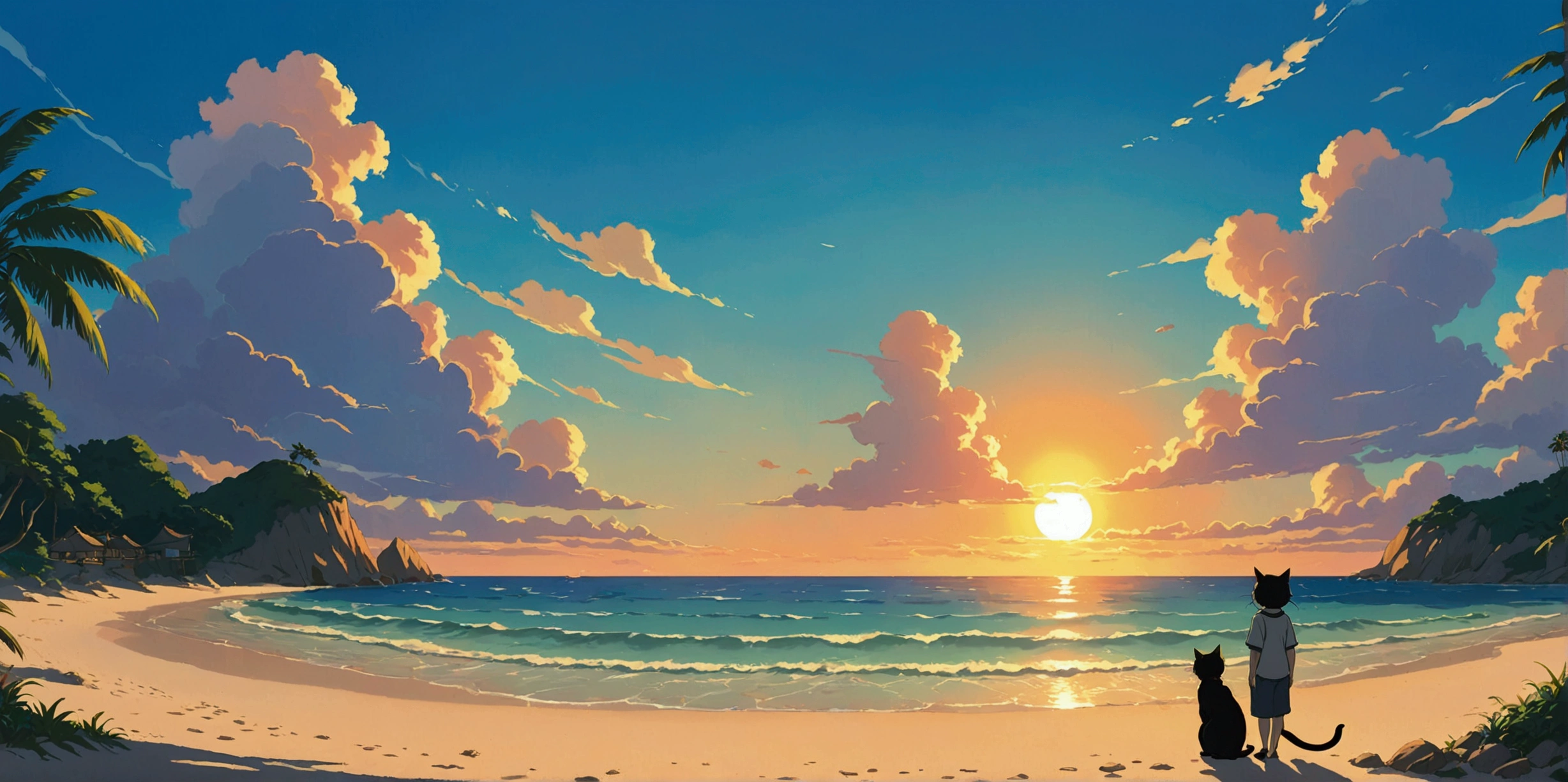 Sunset and beach、Buckshot、Xin Haichen、Ghibli Anime Style、Anime Background、 I put on headphones、Cat、profile、Anime Scenery、Anime movie background,lo-fi、（K
