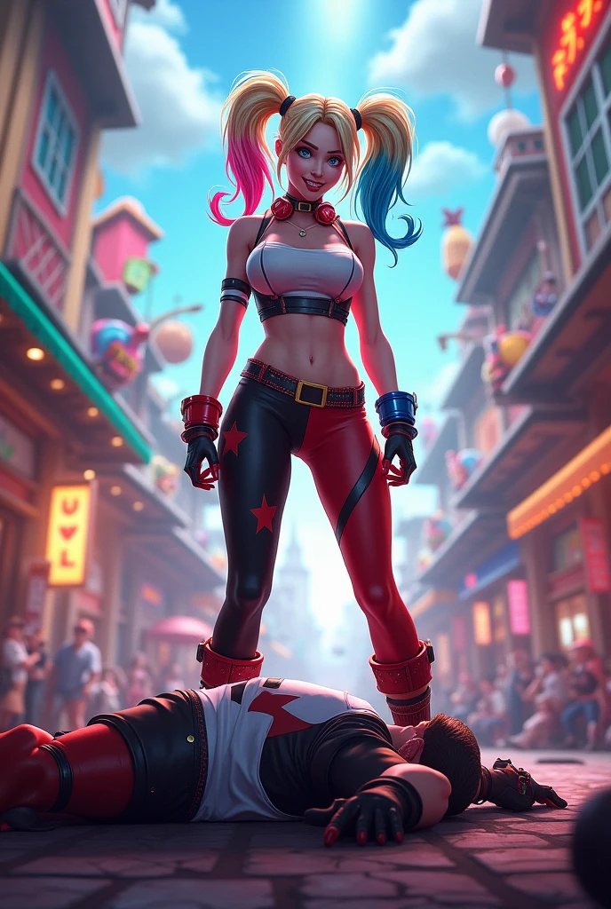 Harley Quinn defeating a character lying in ground in a multiversus videogame stage