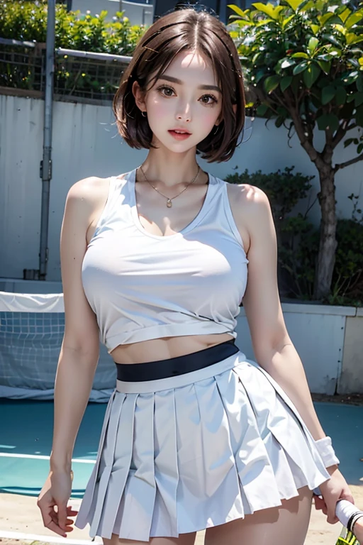 Realistic, High resolution, 1 Female, solo,View the viewer, (Detailed face), Short Bob
,mini skirt、(White pleated skirt),Perfectly symmetrical eyes、Fuller lips、Ample breasts、Tight waist、thigh、Tennis wear、Sunburned skin、On a sunny tennis court、Tank top、Precise knuckle placement、