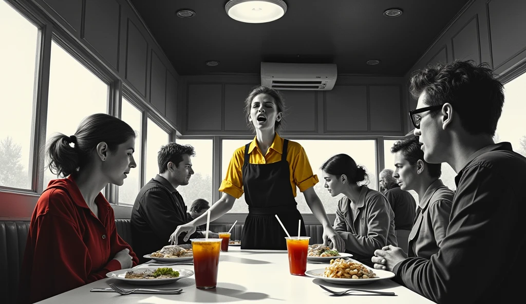A distorted dramatic scene of a person working as a waitress in a diner, is exhausted, tired of working in this underemployment, customers sitting smiling and having fun, calling the attendant, the whole scene is black and white and the attendant is wearing colorful yellow and red clothes.
