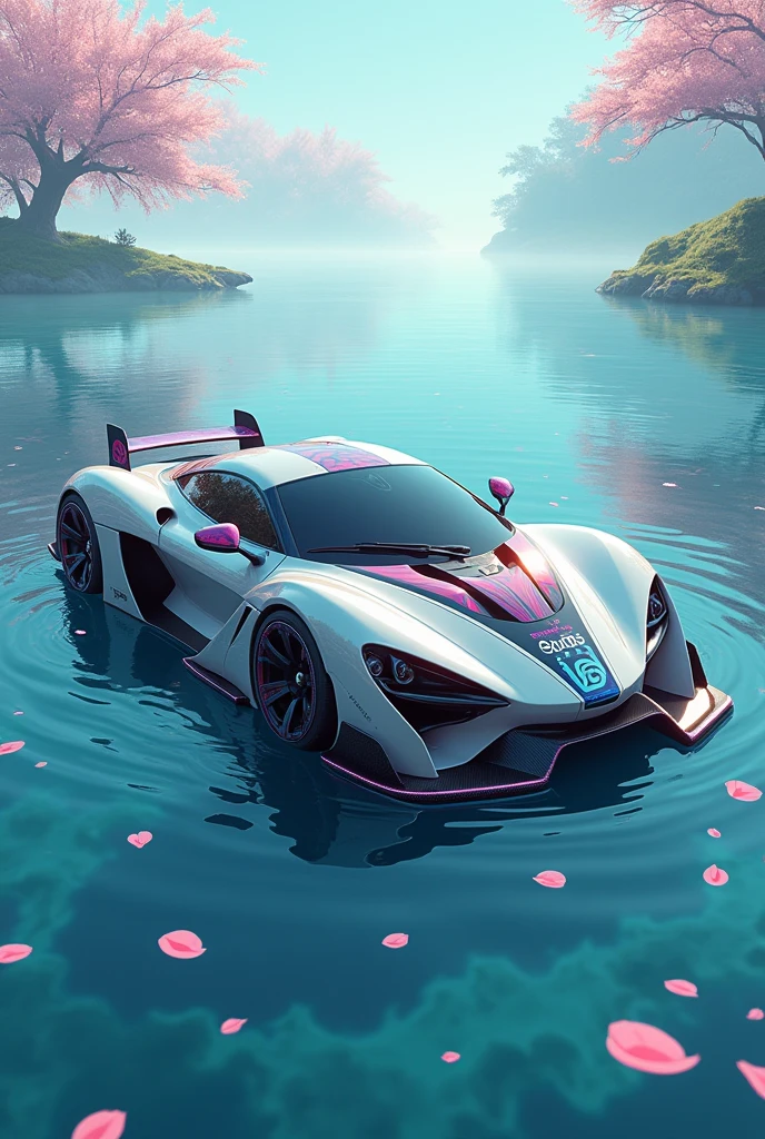A car with anime in the water foll