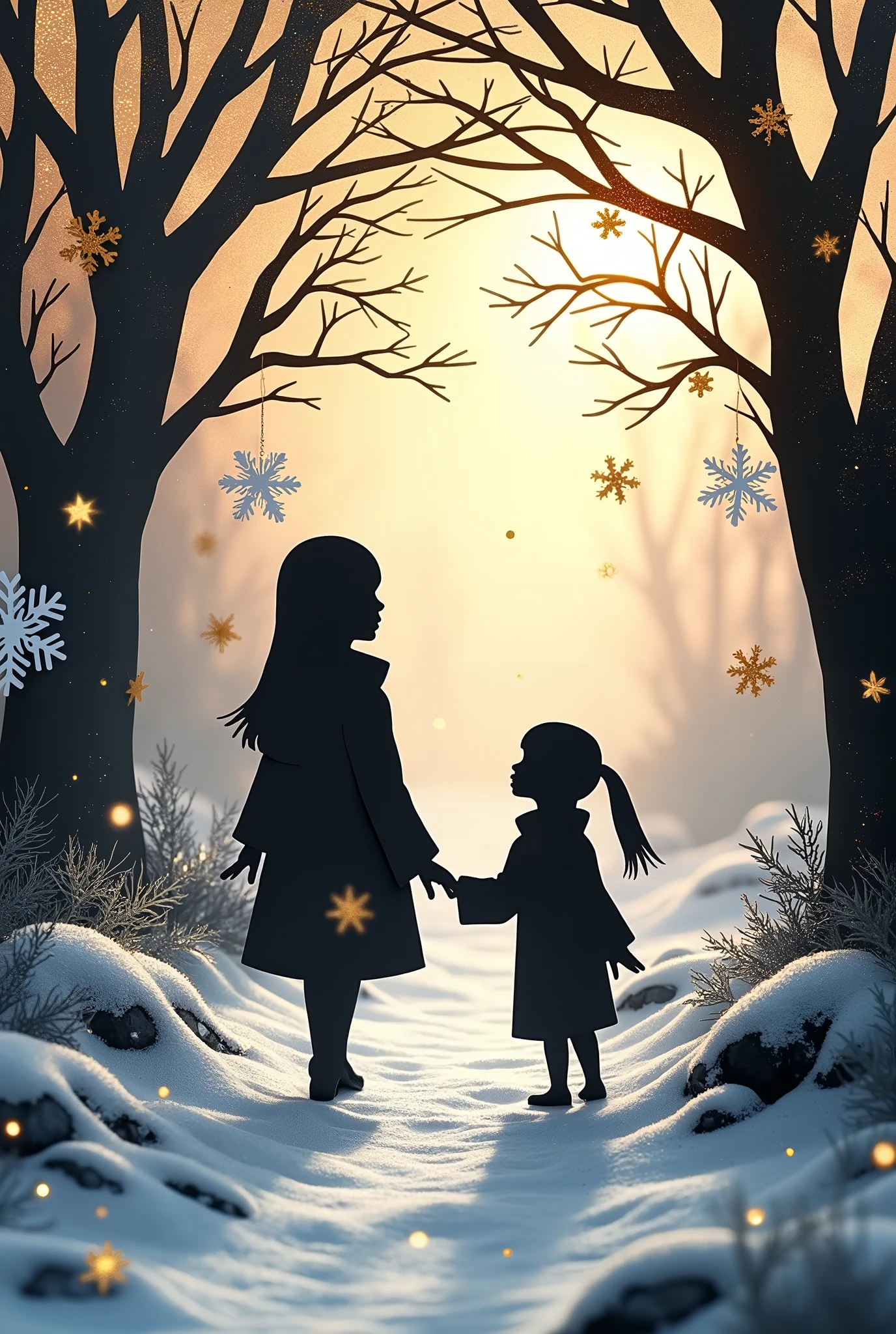fusion of papercutting and shadow art, black construction paper images, white cut-out snowflakes and piled-up snow, snowy landscape paintings, glittering gold dust, 2.5D, delicate and dynamic effects, glitter effects, foggy filter effects, artistic, artistic photography, hyper realistic, CG digital art