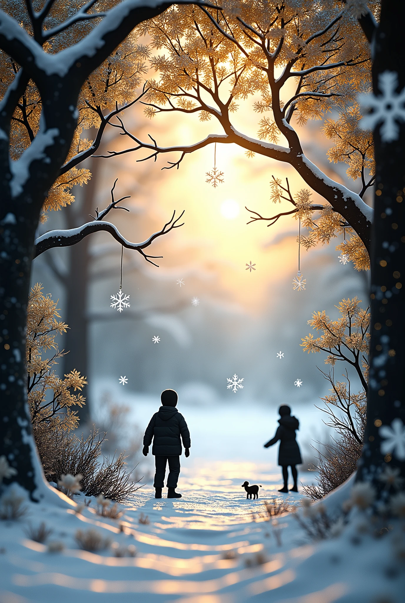 fusion of papercutting and shadow art, black construction paper images, white cut-out snowflakes and piled-up snow, snowy landscape paintings, glittering gold dust, 2.5D, delicate and dynamic effects, glitter effects, foggy filter effects, artistic, artistic photography, hyper realistic, CG digital art