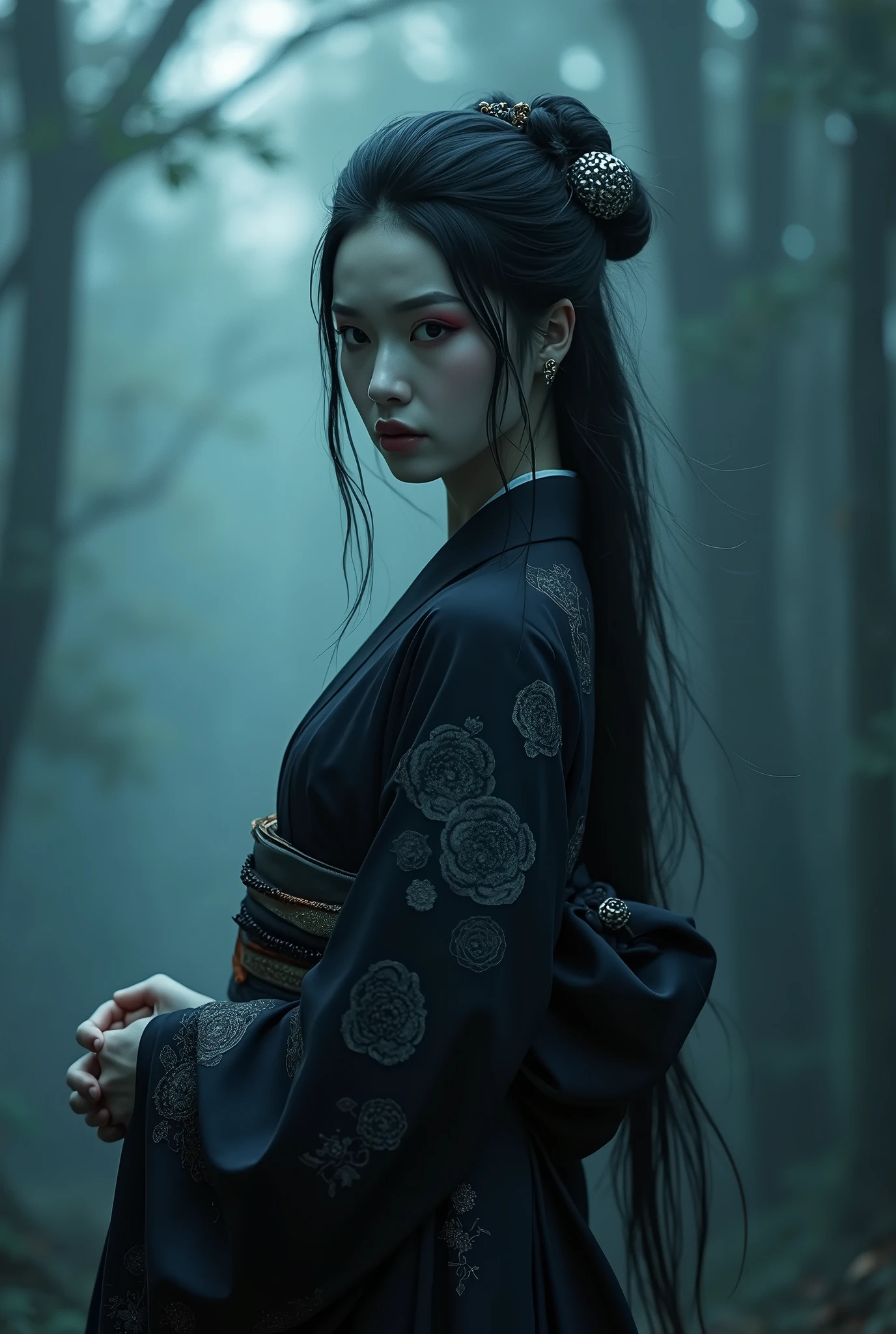 dark techno, cyberpunk,「Realistic image of a Japanese goddess, 不気味な美しさとworry存在感を醸し出す. She is elegant, pale, Perfect and long skin, Flowing black hair that blends with the surrounding shadows. Her kimono is exquisite and meticulous down to the last detail.., dark, Relaxing dark blue and black tones, Exquisitely decorated, Negative patterns that indicate a connection to the supernatural. Her eyes are so fascinating., With coolness, A distant gaze that speaks of antiquity, Mystical powers. The scene was filled with fog., Ancient forest or shrine, A place with an oppressive atmosphere and a sense of unknown... soft, 薄dark光が木々Plug in between, It casts an eerie shadow around her., As if she was still alive.. The overall scene is impressive and beautiful.., Capture the essence of the fascinating and terrifying goddess., Rooted in Japanese tradition、worry, Aura from another world.&refer;To be visible throughout the body, more realistic, With three eyes