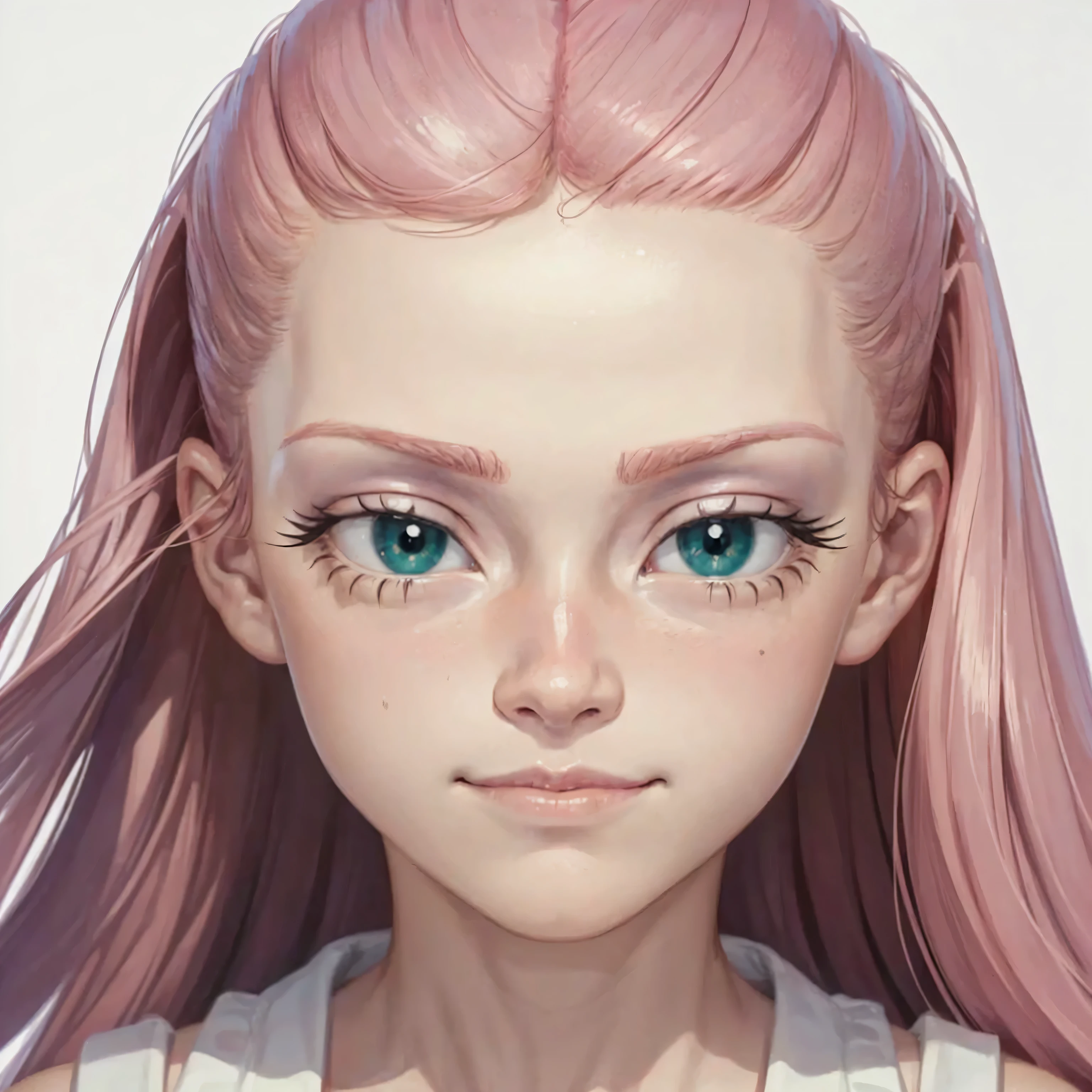 professional, masterpiece, 8k, hyperrealistic portrait of a **** cute ginger girl, long hair, pink hair, (looking shy:1.3), closeup, detailed face, happy face ,detailed skin, photography, hq, photorealistic,bald head,green eyes,(((white background))),((calm happy sexy face)))