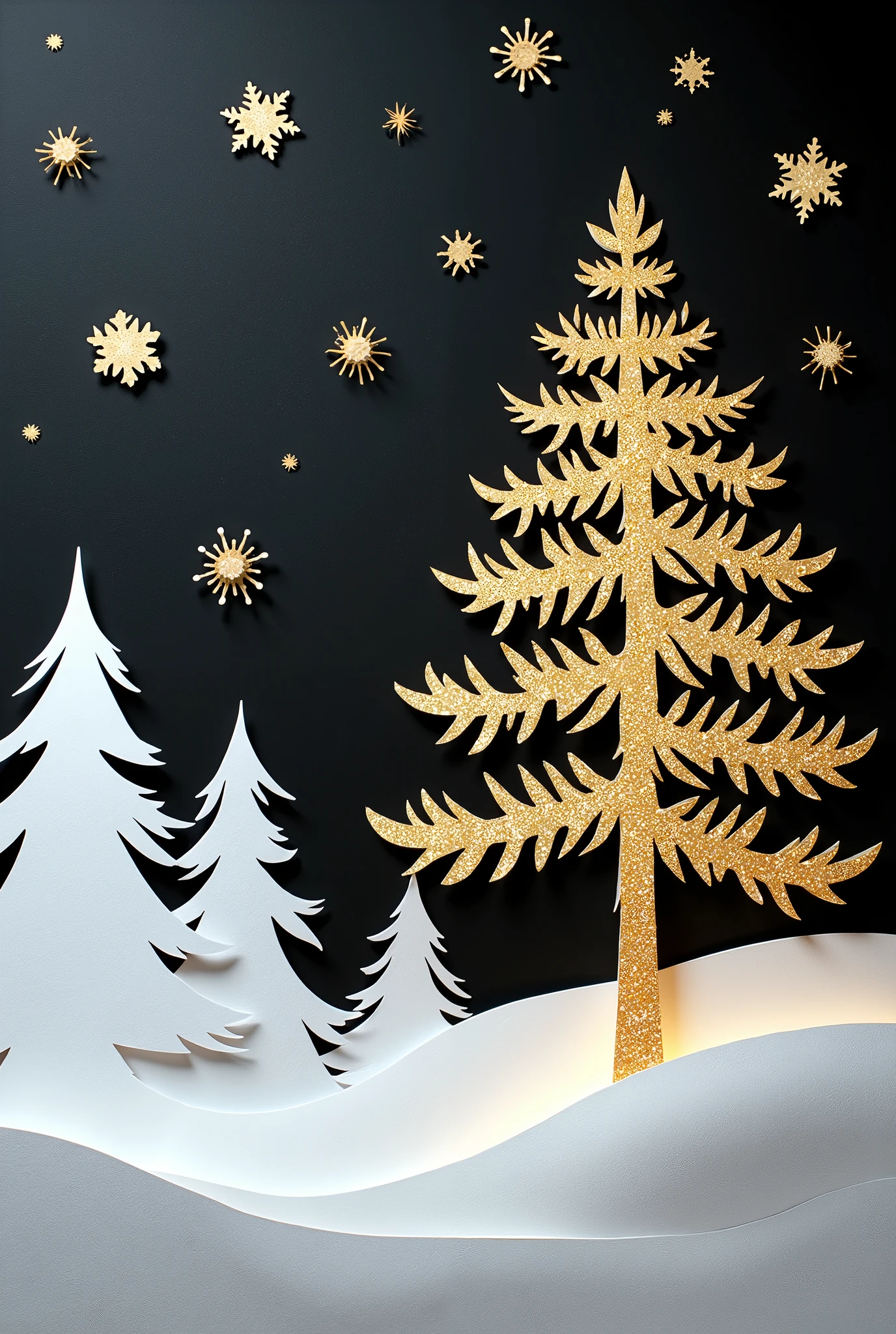 fusion of papercutting and shadow art, black construction paper images, white cut-out snowflakes and piled-up snow, snowy landscape paintings, glittering gold dust, 2.5D, delicate and dynamic effects, glitter effects, foggy filter effects, artistic, artistic photography, hyper realistic, CG digital art