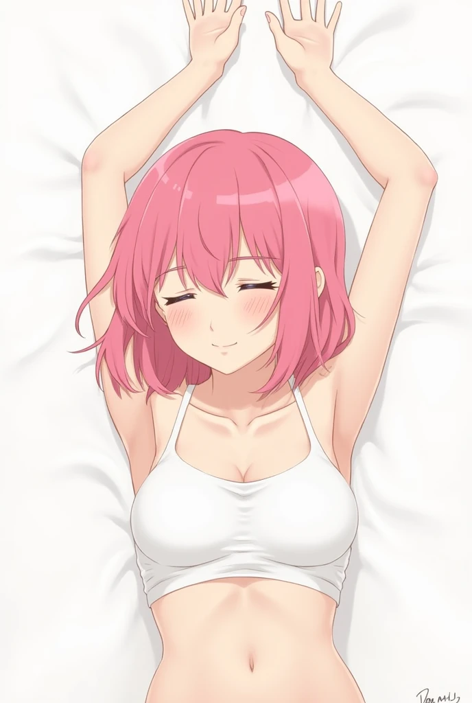 Alone female anime character, short bob hairstyle with wavy texture layered style and bright pink color, Wearing a white bra, pose of raising both hands up while lying on your back