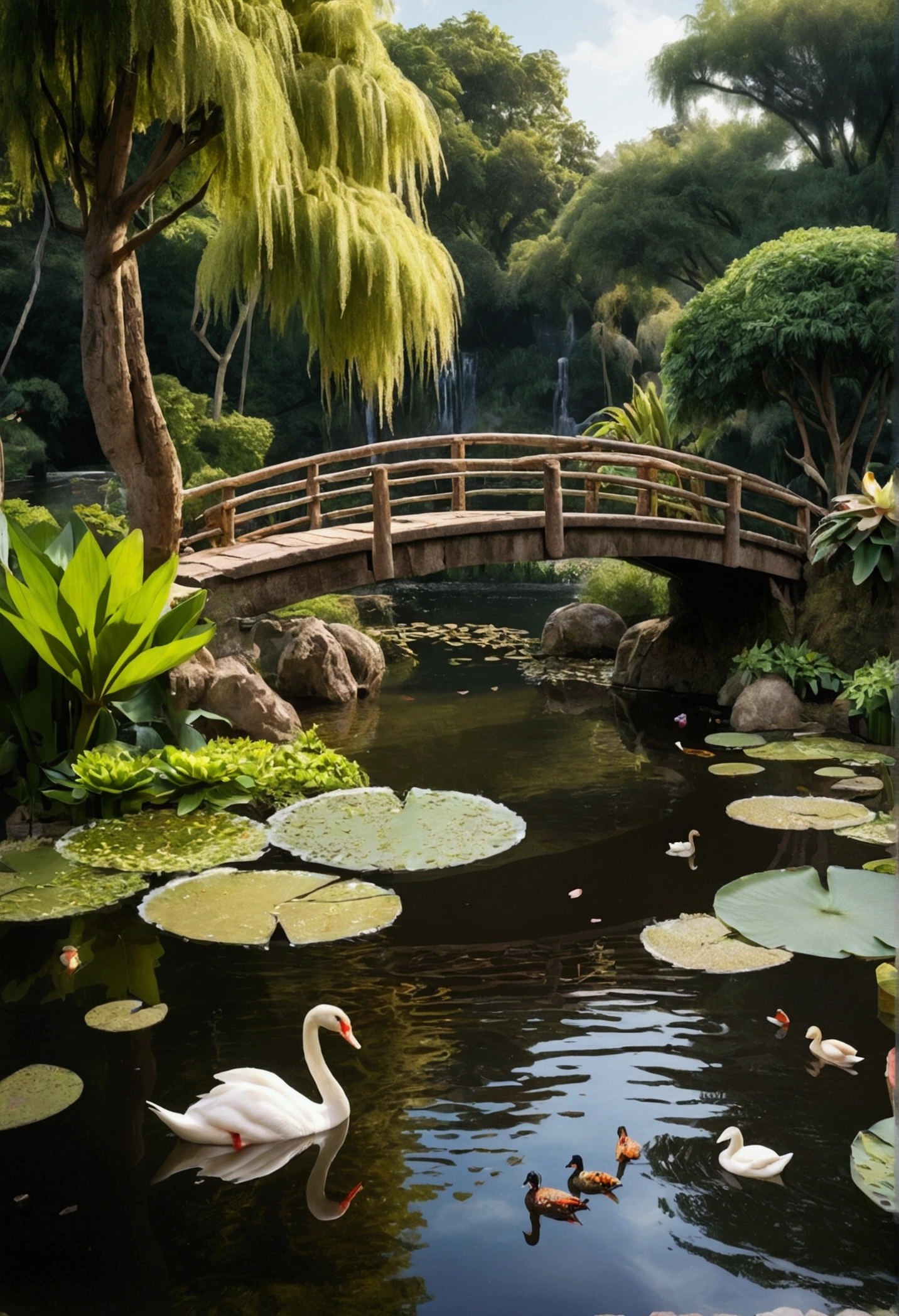 Create a beautiful lake with koi fish and birds like swans and ducks with a small waterfall, and water lilies, surrounded by lots of vegetation, and huge trees, with a bridge in guadua, rustic style that everything looks real