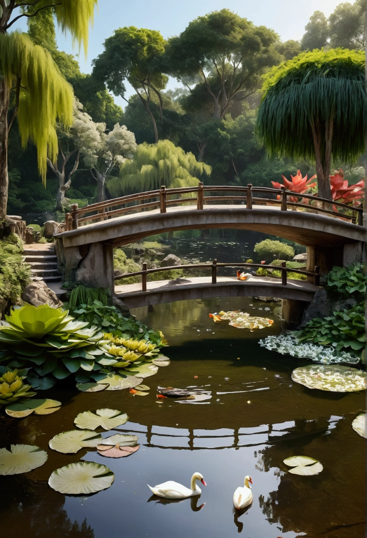 Create a beautiful lake with koi fish and birds like swans and ducks with a small waterfall, and water lilies, surrounded by lots of vegetation, and huge trees, with a bridge in guadua, rustic style that everything looks real
