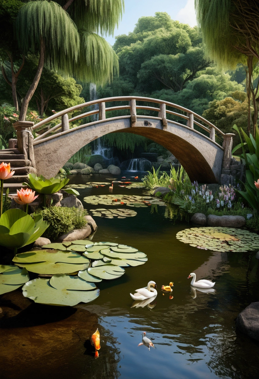 Create a beautiful lake with koi fish and birds like swans and ducks with a small waterfall, and water lilies, surrounded by lots of vegetation, and huge trees, with a bridge in guadua, rustic style that everything looks real