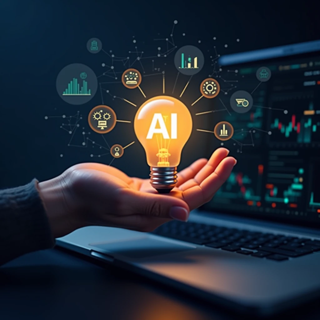 Digital illustration featuring a close-up of a hand holding a light bulb with the letters 'AI' prominently displayed in the center. The light bulb is glowing, symbolizing innovation and technology. The background includes a laptop keyboard, suggesting a work or tech environment. Floating above the keyboard are various icons representing different technological and business concepts, such as graphs, gears, and charts. The overall color scheme is dark with bright highlights, emphasizing the futuristic and high-tech theme. The image conveys a sense of modernity and advancement in artificial intelligence and technology.